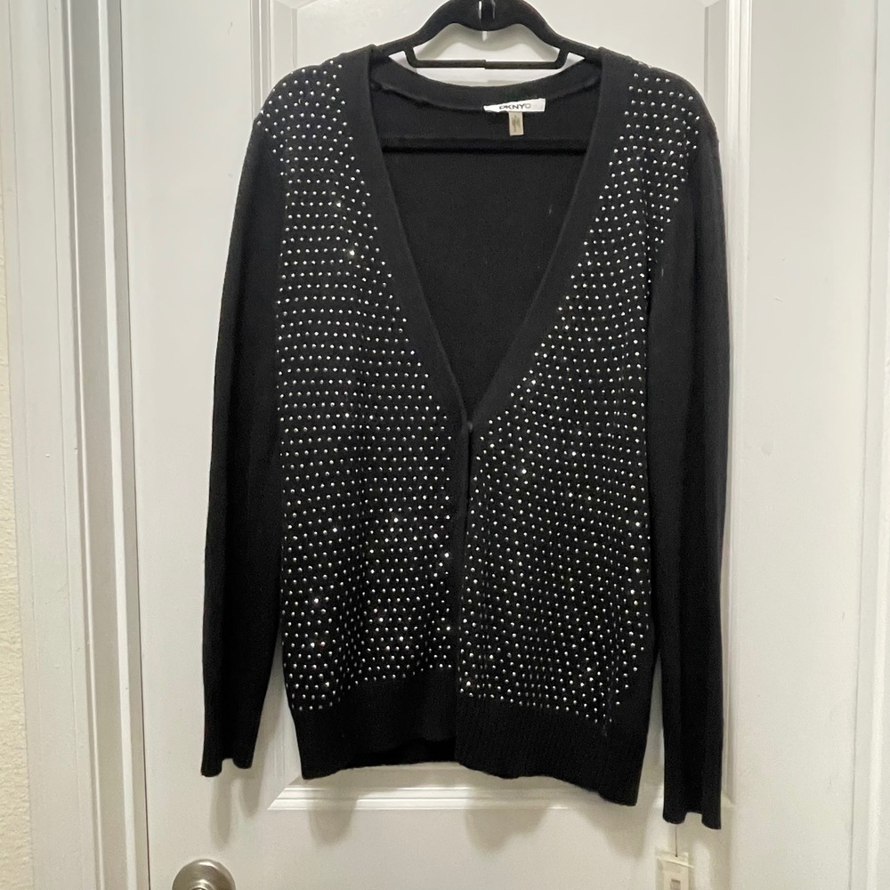NWT DKNY NYC Black Studded Rhinestone Button Front Cardigan Sweater Top L